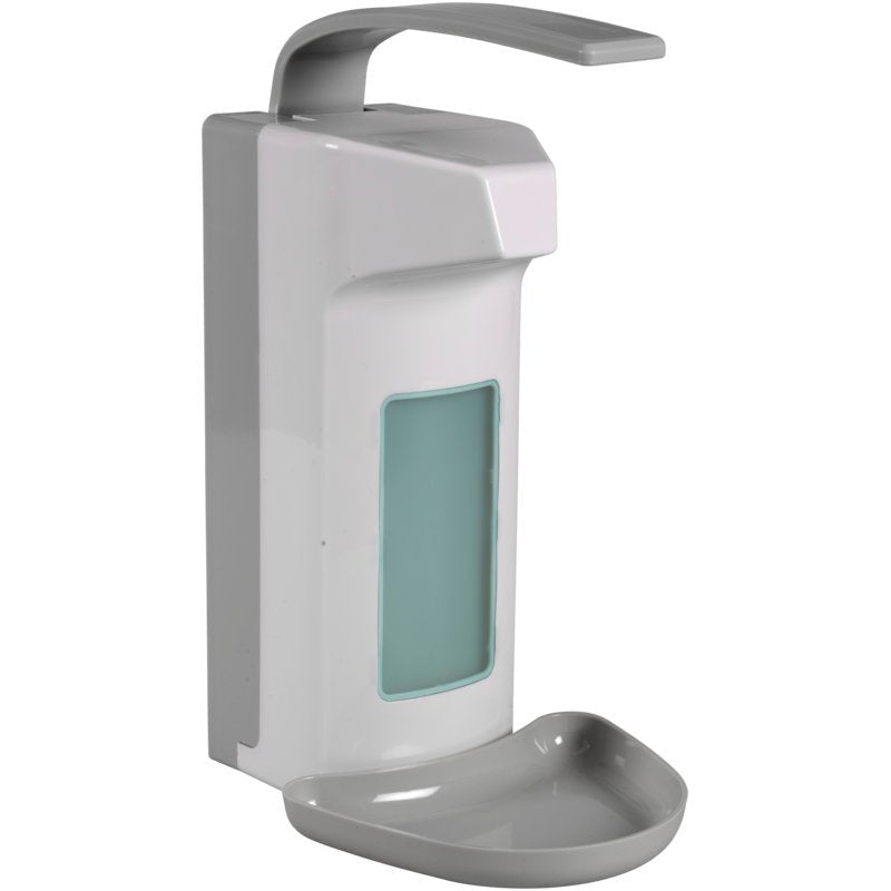 Abena Re-Seller GmbH Armspakare (1000 ml, plast/vit) är en väggdispenser med övre spak, droppskål och fönster för enkel kontroll av tvålnivån.