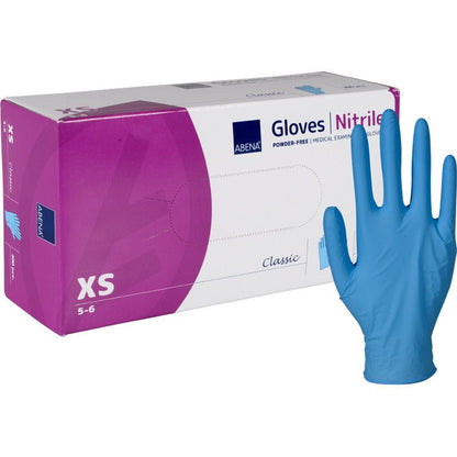 En låda Abena Re-Seller GmbH nitrilhandskar Classic, puderfria och blå i storlek XS, med en enskild handske upprätt - perfekt för medicinska anläggningar som behöver komfort och skydd.