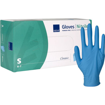 En låda Abena Re-Seller GmbH nitrilhandskar Classic, puderfria, blå (storlek liten) visas med en blå handske stående upprätt till höger. Den grön-vit-blå förpackningen passar för medicinska anläggningar.