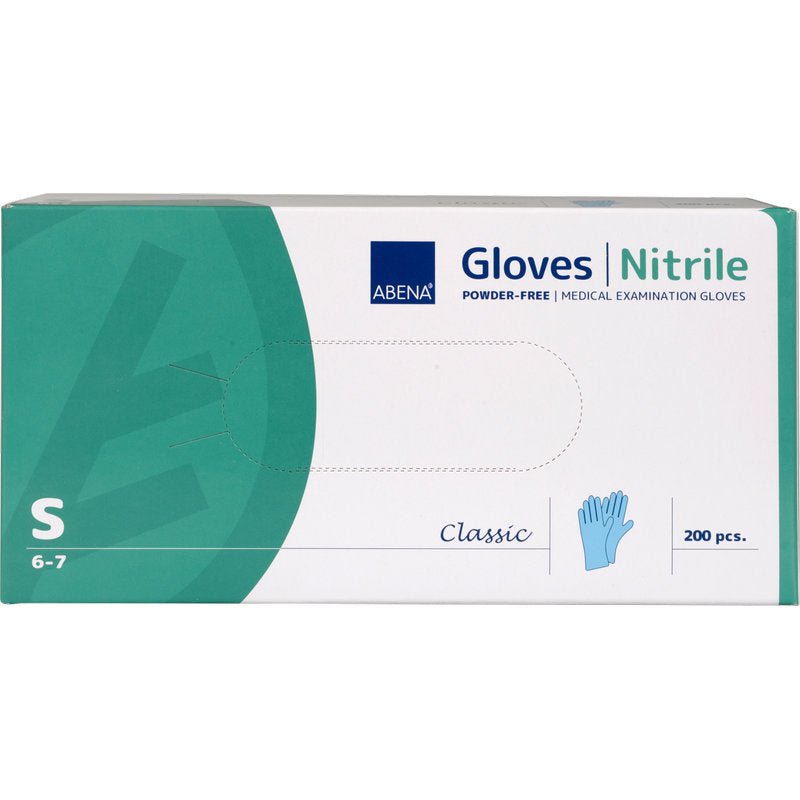 En låda Abena Re-Seller GmbH nitrilhandskar Classic, puderfria, blå, storlek S (6-7) innehåller 200 stycken. Den grön-vita förpackningen med handsksymbol är idealisk för medicinsk användning.