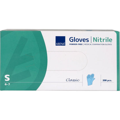En låda Abena Re-Seller GmbH nitrilhandskar Classic, puderfria, blå, storlek S (6-7) innehåller 200 stycken. Den grön-vita förpackningen med handsksymbol är idealisk för medicinsk användning.