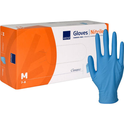 Avbildad är en låda med texten "Abena Re-Seller GmbH nitrilhandskar Classic, puderfria, blå" i storlek medium med en enskild upprättstående blå handske. Den mestadels vita lådan med orange och blå accenter passar för medicinska anläggningar.