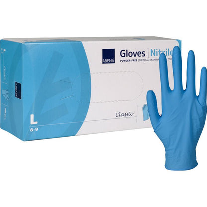 Ett paket Abena Re-Seller GmbH nitrilhandskar Classic, puderfria, blå, storlek Large - en enskild blå handske står upprätt bredvid den vit-blå förpackningen och är idealisk för medicinska anläggningar.