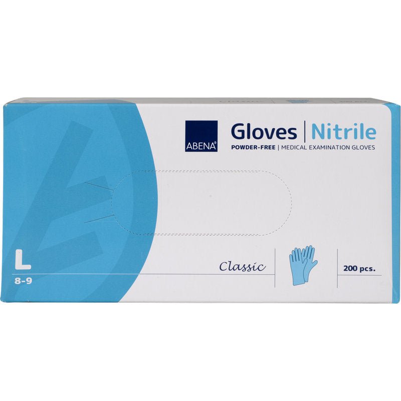 En rektangulär låda från Abena Re-Seller GmbH nitrilhandskar Classic, puderfria, blå, storlek L (8-9), idealisk för medicinska anläggningar. Den mestadels blå-vita lådan med text och handsksymbol innehåller 200 stycken.