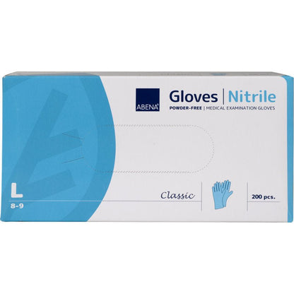 En rektangulär låda från Abena Re-Seller GmbH nitrilhandskar Classic, puderfria, blå, storlek L (8-9), idealisk för medicinska anläggningar. Den mestadels blå-vita lådan med text och handsksymbol innehåller 200 stycken.
