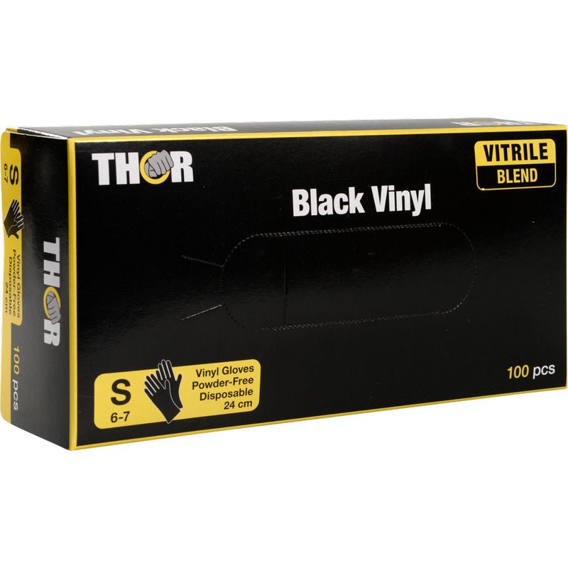 En låda Thor Black Vinyl, Vitrile Blend, puderfri från Abena Re-Seller GmbH, storlek S (6-7), innehåller 100 puderfria engångshandskar i svart och gul förpackning.