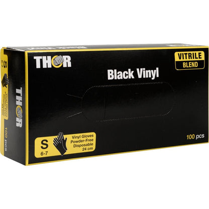 En låda Thor Black Vinyl, Vitrile Blend, puderfri från Abena Re-Seller GmbH, storlek S (6-7), innehåller 100 puderfria engångshandskar i svart och gul förpackning.