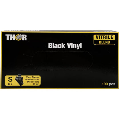 En 24 cm stor svart-gul låda från Abena Re-Seller GmbH innehåller 100 små (6-7) puderfria Thor Black Vinyl, Vitrile Blend handskar.