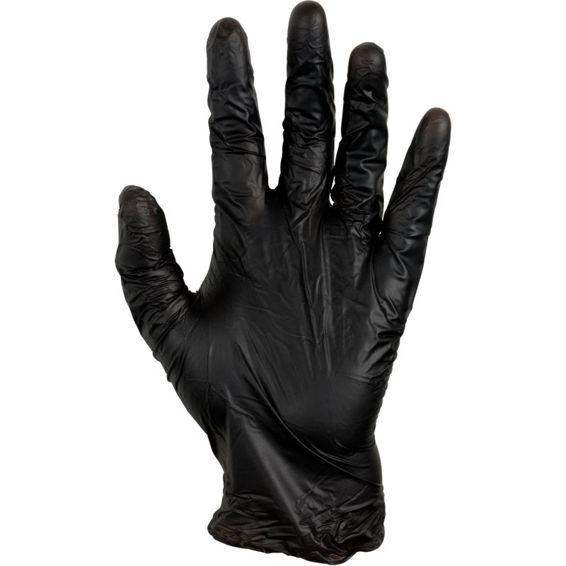 En upphöjd höger hand som bär en skrynklig svart Thor Black Vinyl, Vitrile Blend, Puderfri handske från Abena Re-Seller GmbH visas mot en vit bakgrund.