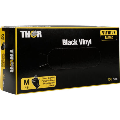 En svart-gul låda med texten "Thor Black Vinyl, Vitrile Blend, Puderfri" från Abena Re-Seller GmbH innehåller 100 medelstora, puderfria engångshandskar. Förpackningen visar vitrileblandningen och innehåller storleksinformation samt produktbilder.