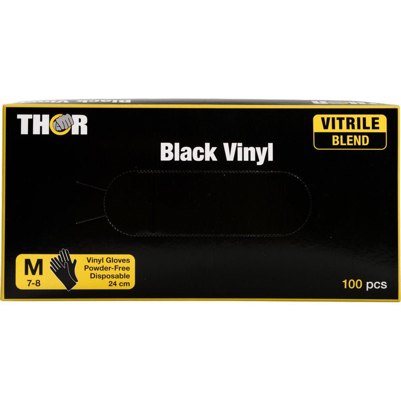 En låda Thor Black Vinyl Vitrile Blend, puderfri från Abena Re-Seller GmbH, storlek M (7-8), engångs, 24 cm lång, innehåller 100 stycken. Den övervägande svarta lådan har gula accenter och text.
