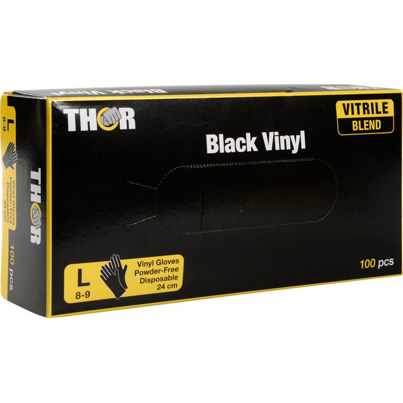 En låda Thor Black Vinyl, Vitrile Blend, puderfria engångshandskar, storlek L (8-9), 100 stycken från Abena Re-Seller GmbH. Den svarta lådan med gula accenter visar de viktigaste handskinformationen framtill.