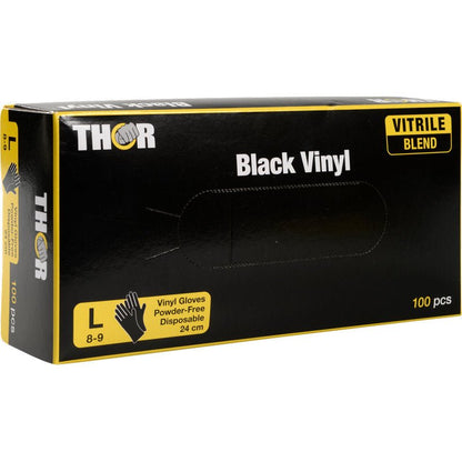 En låda Thor Black Vinyl, Vitrile Blend, puderfria engångshandskar, storlek L (8-9), 100 stycken från Abena Re-Seller GmbH. Den svarta lådan med gula accenter visar de viktigaste handskinformationen framtill.