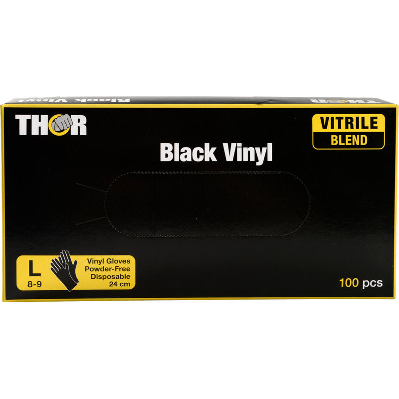 Eine Schachtel mit 100 Abena Re-Seller GmbH Thor Black Vinyl Vitrile Blend Einweghandschuhen, Größe large (8-9), puderfrei, 24 cm Länge. Die Schachtel hat einen schwarzen Hintergrund mit gelber und weißer Schrift.
