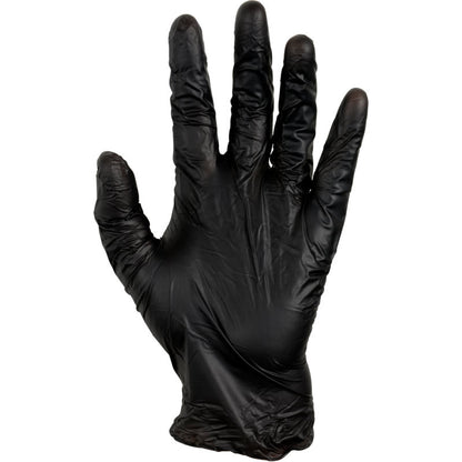 En höger hand som bär en Thor Black Vinyl, Vitrile Blend, puderfri handske från Abena Re-Seller GmbH med utsträckta fingrar visas mot en enkel vit bakgrund.