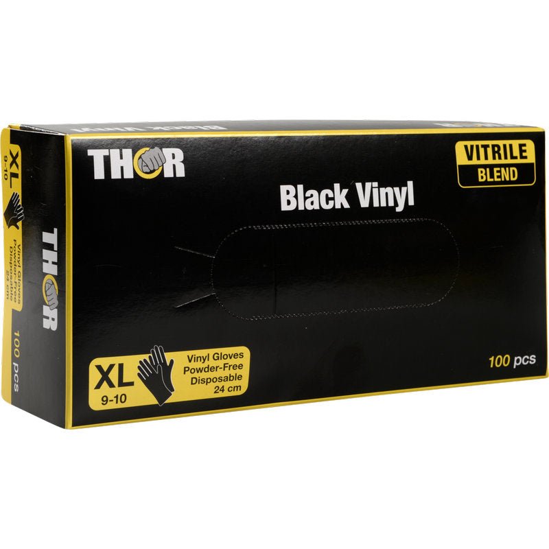En svart-gul låda med texten "Thor Black Vinyl, Vitrile Blend, Puderfri" från Abena Re-Seller GmbH innehåller 100 XL-engångshandskar med en hållbar vitrileblandning och detaljerad branding på framsidan.