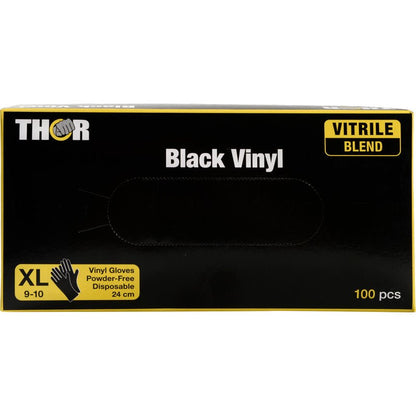 En låda Thor Black Vinyl, Vitrile Blend, puderfri från Abena Re-Seller GmbH, storlek XL 9-10, innehåller 100 stycken (24 cm lång) i svart-gul design.