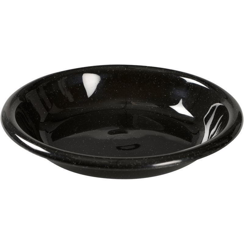 Den Abena Re-Seller GmbH Mehrwegtallrik (550 ml, Svart, PP) har en rund, platt design med en glänsande, spräcklig yta. Miljövänlig och diskmaskinssäker; 12-pack. Perfekt för servering mot en vit bakgrund.