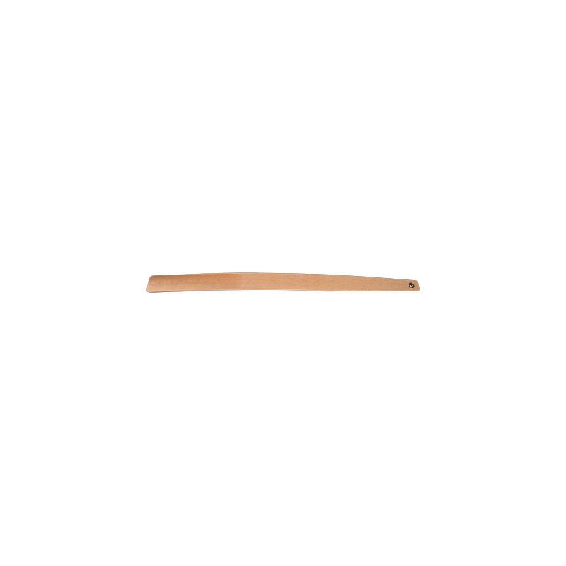 Ett enda bältesämne i ljusbrunt läder är avbildat på vit bakgrund och visar en avsmalnande spets och en rundad ände med hål - idealisk för att kombinera med ENA Living skohorn med handtag, 55 cm (Abena Re-Seller GmbH).