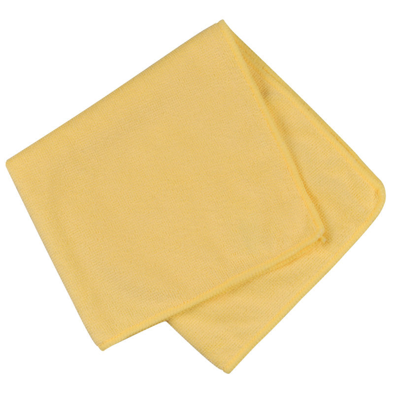 En prydligt vikt gul mikrofiberduk ENA Standard (40x40 cm) från Abena Re-Seller GmbH, med släta kanter och mjuk textur, på vit bakgrund.