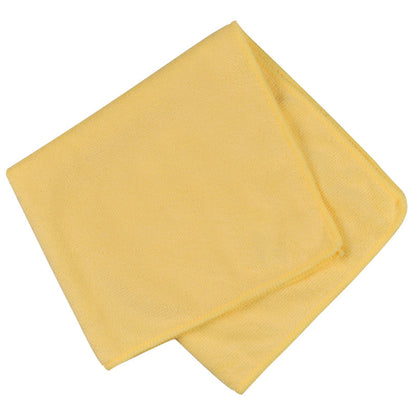 En prydligt vikt gul mikrofiberduk ENA Standard (40x40 cm) från Abena Re-Seller GmbH, med släta kanter och mjuk textur, på vit bakgrund.