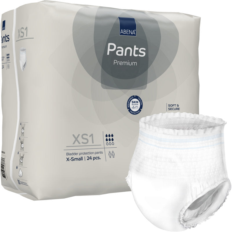 Abgebildet ist eine Packung ABENA Pants XS1, Premium der Abena Re-Seller GmbH (24 Stück, Größe X-Small) mit einer weißen Pull-up-Windel für die zuverlässige Inkontinenzversorgung auf der Vorderseite.