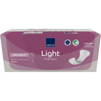 Eine rechteckige Schachtel ABENA Light Ultra Mini 0, Premium von Abena Re-Seller GmbH (24 Stück) ist mit einem lila Design, einem Produktbild und Icons versehen, die den diskreten Schutz für Damenbinden-Nutzerinnen hervorheben.