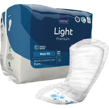 Abgebildet ist eine Packung ABENA Light Maxi 4A, Premium von Abena Re-Seller GmbH (8 Stück) mit einem Tampon im Vordergrund, der die wichtigsten Merkmale und Zertifizierungssymbole für den Premium-Blasenschutz hervorhebt.