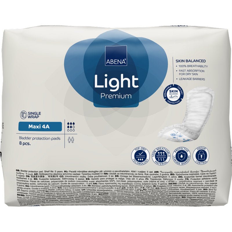 ABENA Light Maxi 4A, Premium | Paket (8 stycken) från Abena Re-Seller GmbH erbjuder andningsbara, snabbt absorberande inkontinensinlägg med läckagespärr och certifierad kvalitet. Innehåller 8 inlägg per paket.
