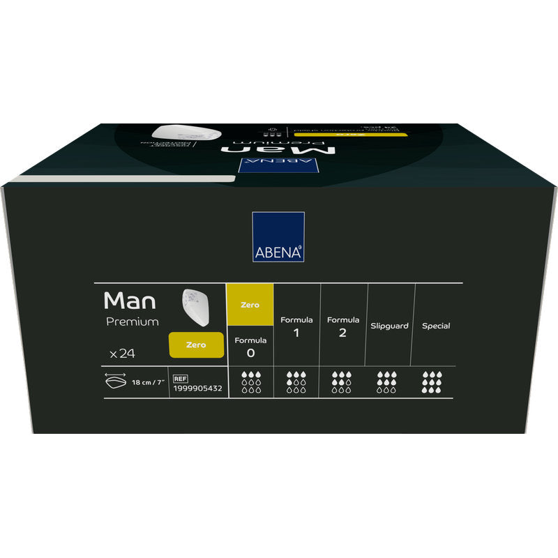En rektangulär låda ABENA Man Zero, Premium från Abena Re-Seller GmbH innehåller 24 stycken. Den mörka förpackningen med vita och gula accenter framhäver det diskreta skyddet och har ikoner för absorptionsstyrkor och produktinformation.