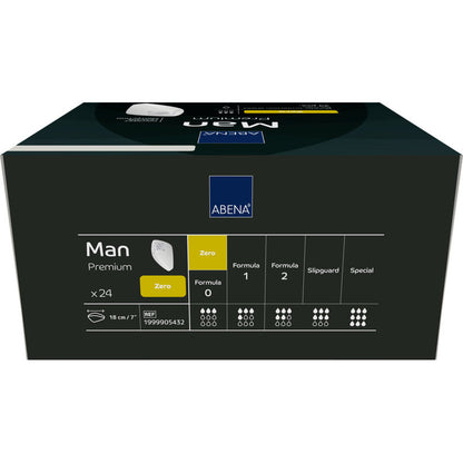 En rektangulär låda ABENA Man Zero, Premium från Abena Re-Seller GmbH innehåller 24 stycken. Den mörka förpackningen med vita och gula accenter framhäver det diskreta skyddet och har ikoner för absorptionsstyrkor och produktinformation.