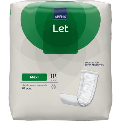 Eine Packung ABENA Let von Abena Re-Seller GmbH hat ein grün-weißes Design, eine Produktabbildung, 28 extra saugfähige Tampons pro Packung und enthält die ABENA Let Tasche zum einfachen Transport.