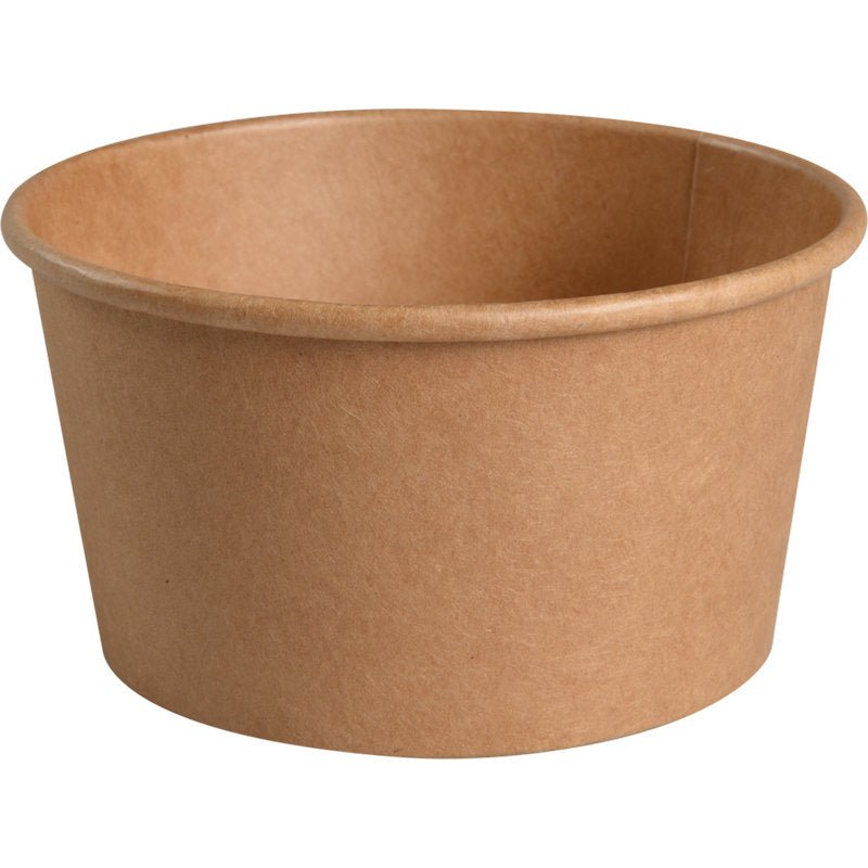 Abena Re-Seller GmbH-skålen, 400 ml, ø 11,5 cm av Kraft/PE i brunt visas som ett paket med 50 stycken; den miljövänliga skålen har en slät yta och en lätt utsvängd kant.