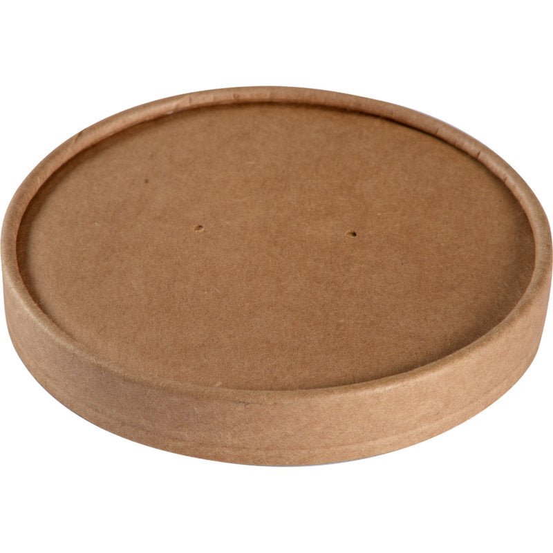 Ett runt, platt, 11,5 cm kraft/PE-kartonglock från Abena Re-Seller GmbH med två små mittelhål, fotograferat på vitt. Miljövänligt och praktiskt. Förpackning: 25 stycken.