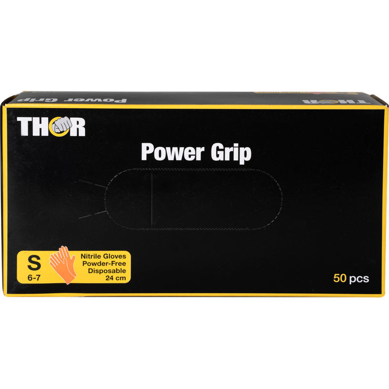 Eine orangefarbene Box mit der Aufschrift "Thor Power Grip" der Abena Re-Seller GmbH enthält 50 kleine (6-7) puderfreie Einweg-Nitrilhandschuhe (24 cm lang). Ideal für Griffkraft und Unterarmtraining.