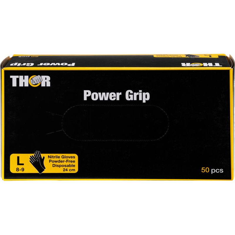 Eine schwarze Schachtel mit der Aufschrift "Thor Power Grip, Schwarz" von Abena Re-Seller GmbH enthält 50 große (Größe L, 8-9), 24 cm lange, puderfreie Nitrilhandschuhe, ideal für Krafttraining und Gewichtheben. Text und Grafik sind gelb und weiß.