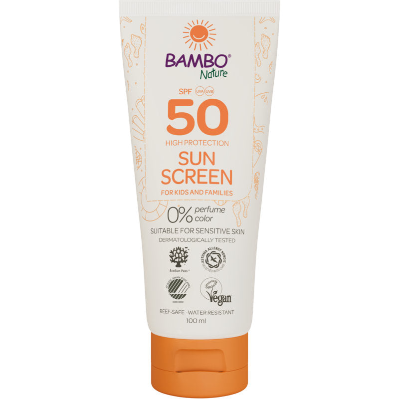 En 100 ml tub Bambo Nature solkräm SPF50 från Abena Re-Seller GmbH, färg- och parfymfri, dermatologiskt testad, vegansk, revsäker och idealisk för känslig hud. 6 förpackningar i kartongen.