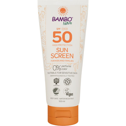 En 100 ml tub Bambo Nature solkräm SPF50 från Abena Re-Seller GmbH, färg- och parfymfri, dermatologiskt testad, vegansk, revsäker och idealisk för känslig hud. 6 förpackningar i kartongen.