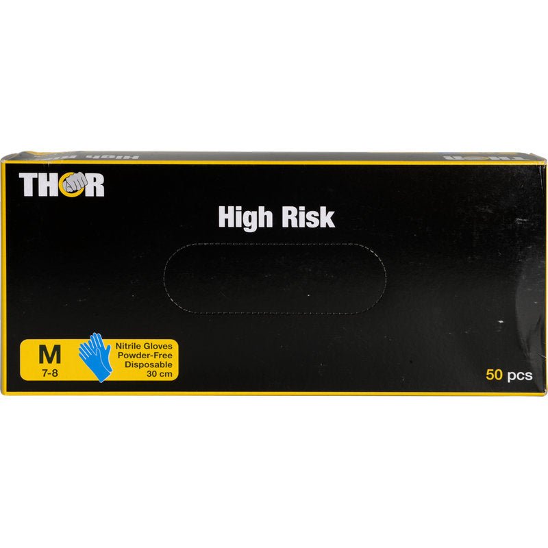 En övervägande svart låda med gula och blå accenter innehåller 50 blå, puderfria Thor High Risk Nitrilhandskar för engångsbruk (30 cm, storlek M/7-8) från Abena Re-Seller GmbH. Erbjuder kemikalieskydd.