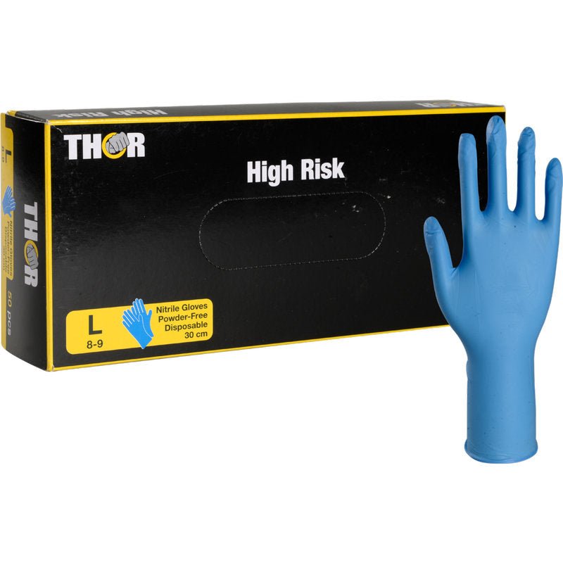 En låda med texten "Thor High Risk Nitrilhandskar, Blå, 30 cm" från Abena Re-Seller GmbH innehåller en blå nitrilhandske. Förpackningen i gult och blått indikerar kemikalieskydd, storlek L (8-9), puderfri och en längd på 30 cm.