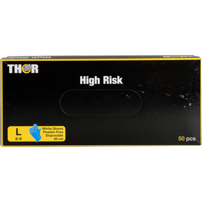 En svart låda med texten "Thor High Risk Nitrilhandskar, Blå, 30 cm" från Abena Re-Seller GmbH innehåller 50 stora (8-9) blå, puderfria engångsnitrilhandskar för kemikalieskydd, med en handsksymbol och gul information på framsidan.