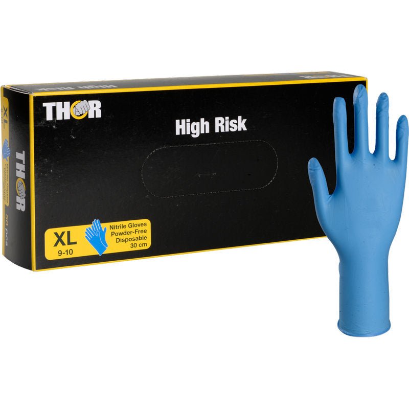 En svart låda med texten "Thor High Risk Nitrilhandskar, Blå, 30 cm" från Abena Re-Seller GmbH är avbildad med en upprättstående blå nitrilhandske. Kemikalieskyddsförpackningen indikerar att handskarna är XL, puderfria, engångshandskar och 30 cm långa.