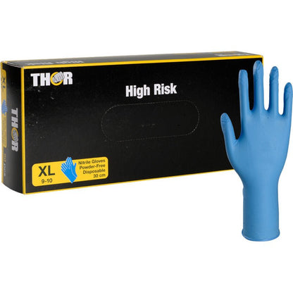 En svart låda med texten "Thor High Risk Nitrilhandskar, Blå, 30 cm" från Abena Re-Seller GmbH är avbildad med en upprättstående blå nitrilhandske. Kemikalieskyddsförpackningen indikerar att handskarna är XL, puderfria, engångshandskar och 30 cm långa.