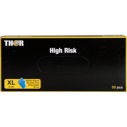 En svart låda med texten "Thor High Risk Nitrilhandskar, Blå, 30 cm" från Abena Re-Seller GmbH innehåller 50 puderfria engångshandskar i storlek XL (9-10), som erbjuder ett pålitligt kemikalieskydd.