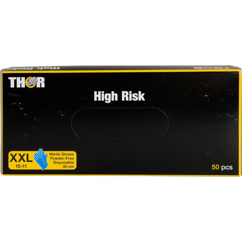En blå låda Thor High Risk Nitrilhandskar, 30 cm lång, från Abena Re-Seller GmbH. De puderfria engångskemikalieskyddshandskarna levereras i en förpackning med 50 stycken.