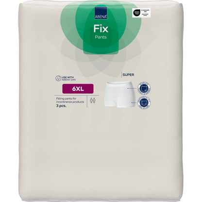 Eine weiße Verpackung der Abena Re-Seller GmbH Fixierhosen ABENA Fix Pants, Super, Größe 6XL (3 Stück), zeigt Produktinfos, ein Hosendiagramm und eine Anwendungsempfehlung für Inkontinenzprodukte.