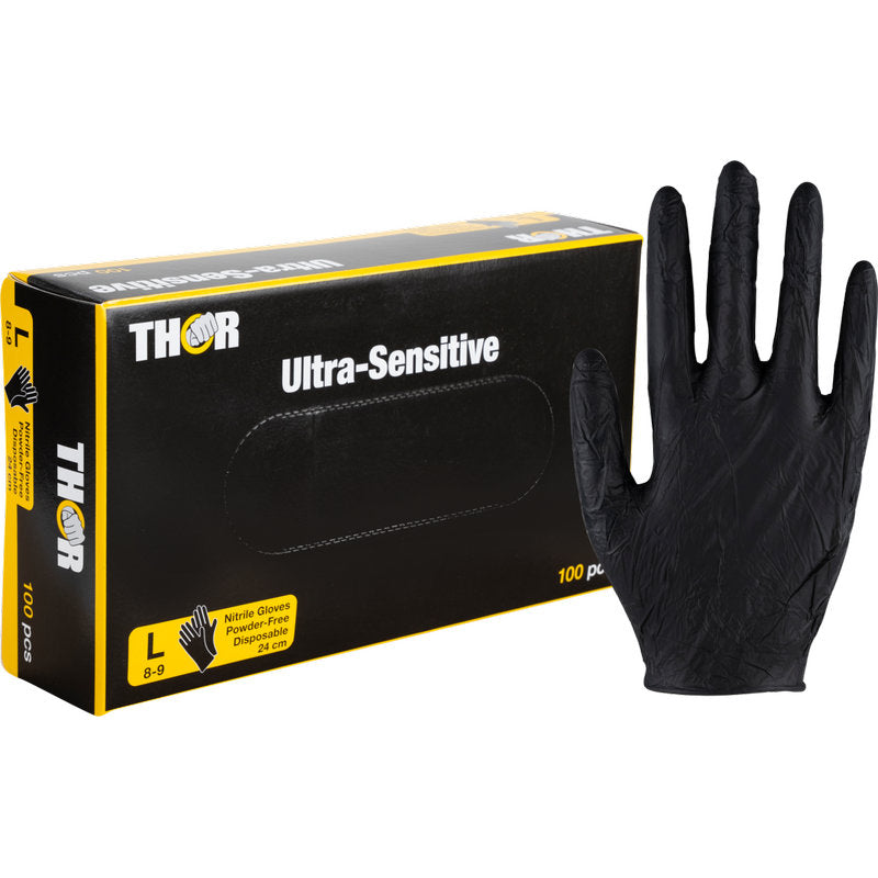 Eine Schachtel Abena Re-Seller GmbH Thor Ultra Sensitive Nitril-Handschuh, Schwarz, Größe groß (100 Stück), mit einem rechts abgebildeten schwarzen Handschuh.