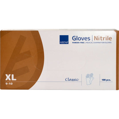 Eine Schachtel Abena Re-Seller GmbH Nitril-Handschuhe, Classic, Puderfrei, Weiß, Größe XL (9-10). Die schlichte weiß-braune Schachtel enthält 100 medizinische Einweghandschuhe mit Produktinformation und einer Handabbildung.
