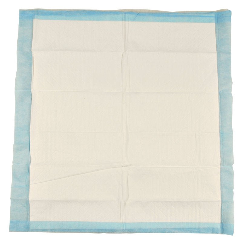 En 6-lagers, 60x60 cm stor ABENA Tissue engångsunderlägg från Abena Re-Seller GmbH med blå kant och vit mitt är platt avbildad och visar synliga veck; den säljs i förpackningar om 25 stycken.