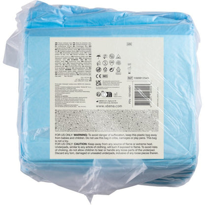 En genomskinlig plastförpackning från Abena Re-Seller GmbH innehåller 25 blåa, 6-lagers ABENA Tissue engångsunderlägg, 60x60 cm. Baketiketten visar produktinformation, symboler, streckkod och flerspråkiga varningar.